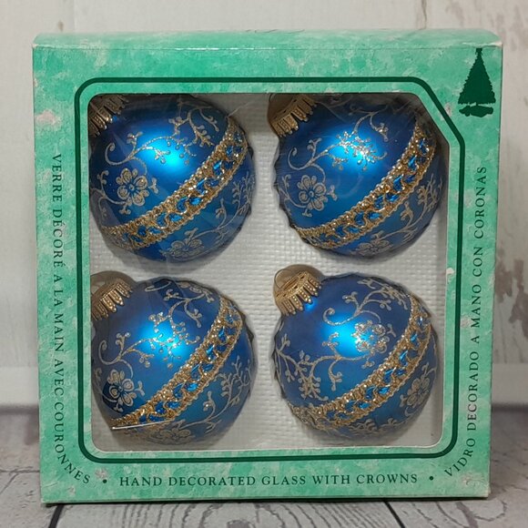 Glass Ornament Set Of 4 Christmas By Krebs Blue And Gold Glitter Floral - Picture 1 of 12